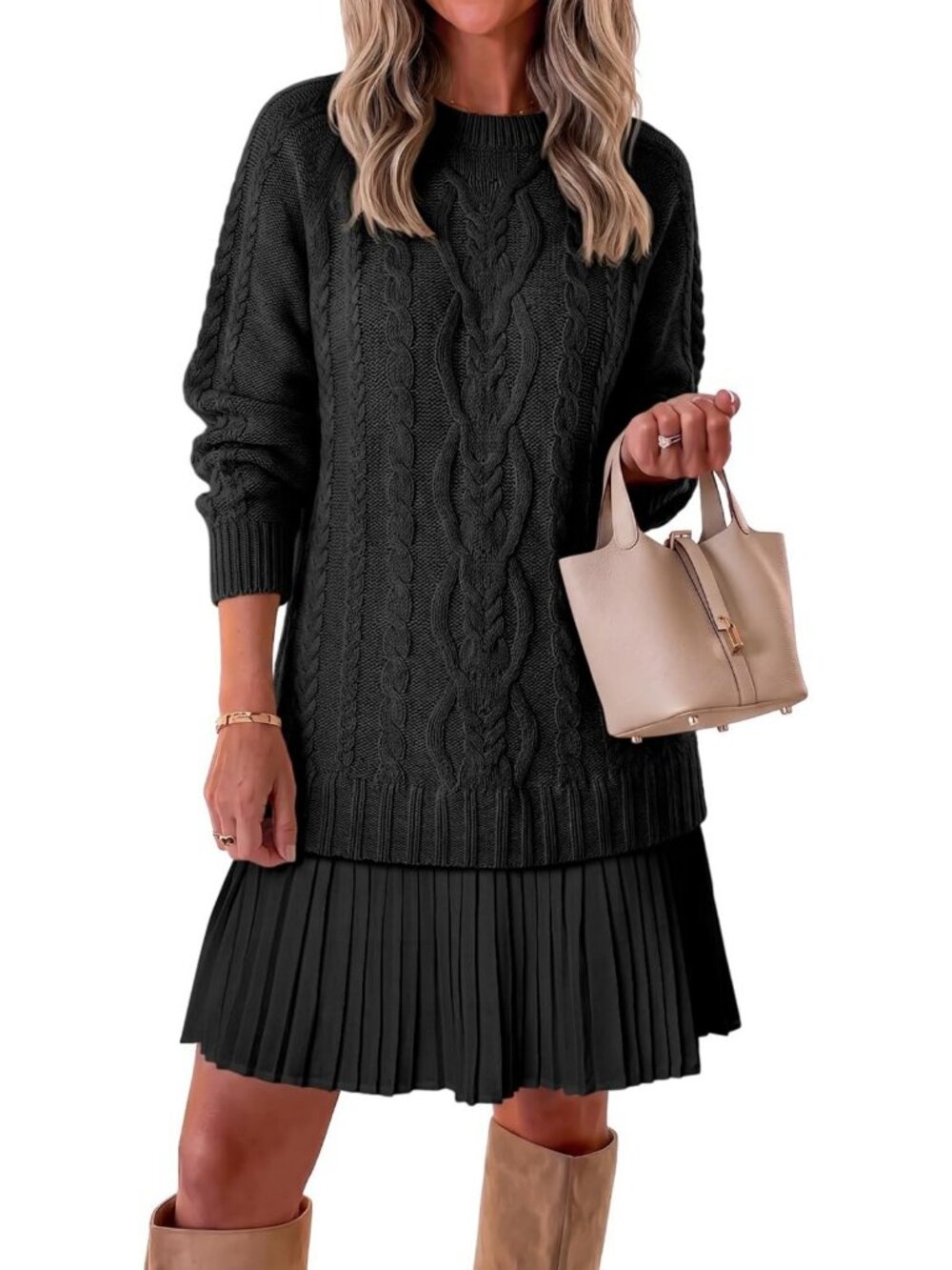 Cozy Cable Knit Sweater Dress - Patchwork Pleated Long Sleeve Mini for Fall